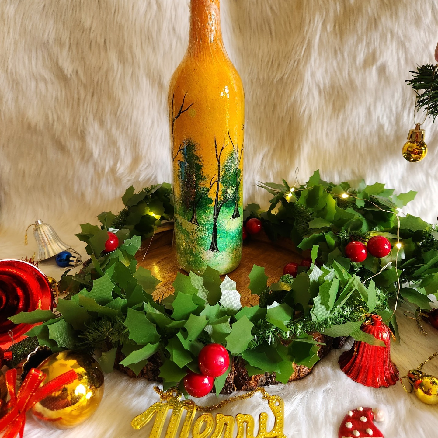 Christmas themed handpainted bottle art