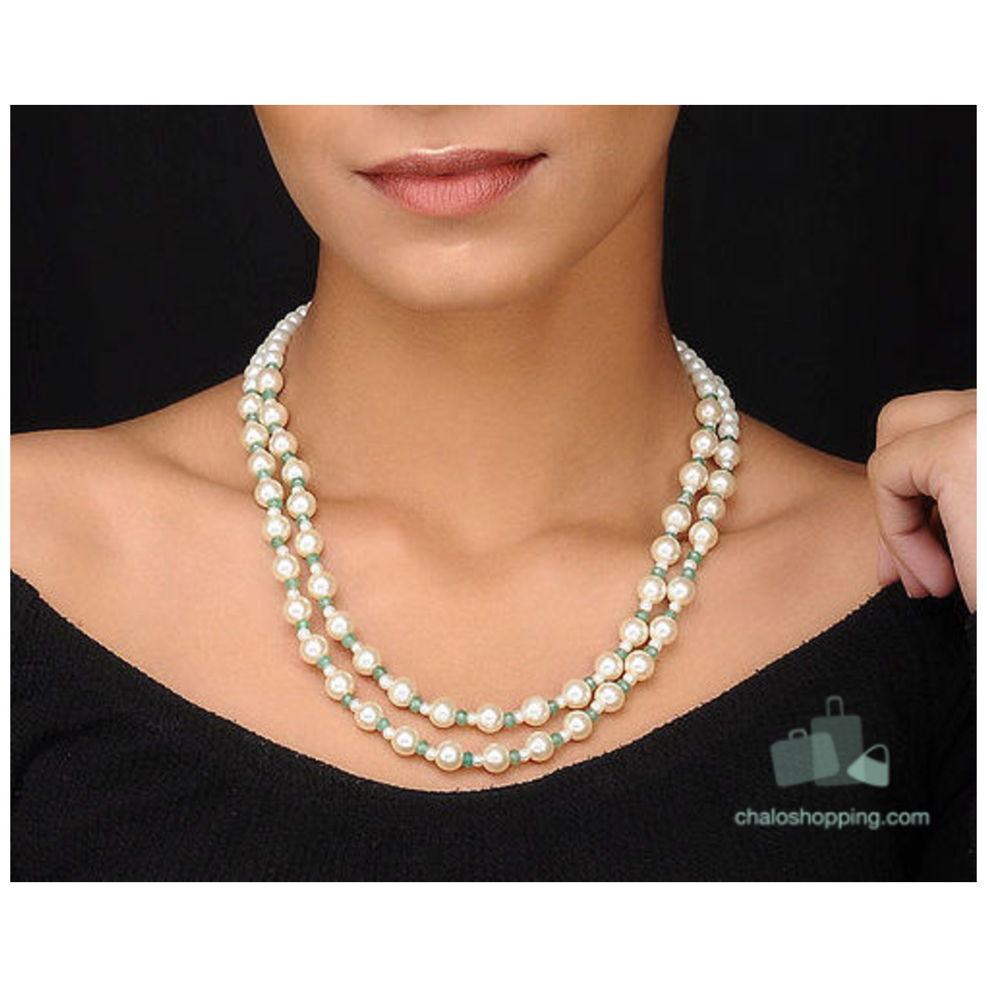 Double Layer Jade Green Onyx Faux Pearl Necklace