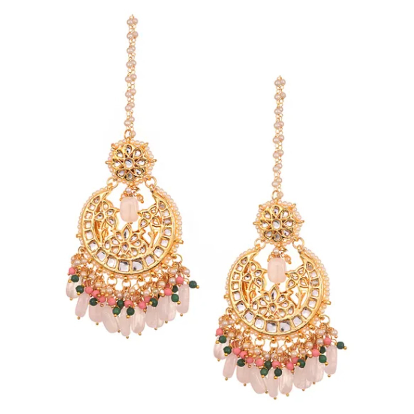 Pink Gold Tone Kundan Earring With Ear Chains