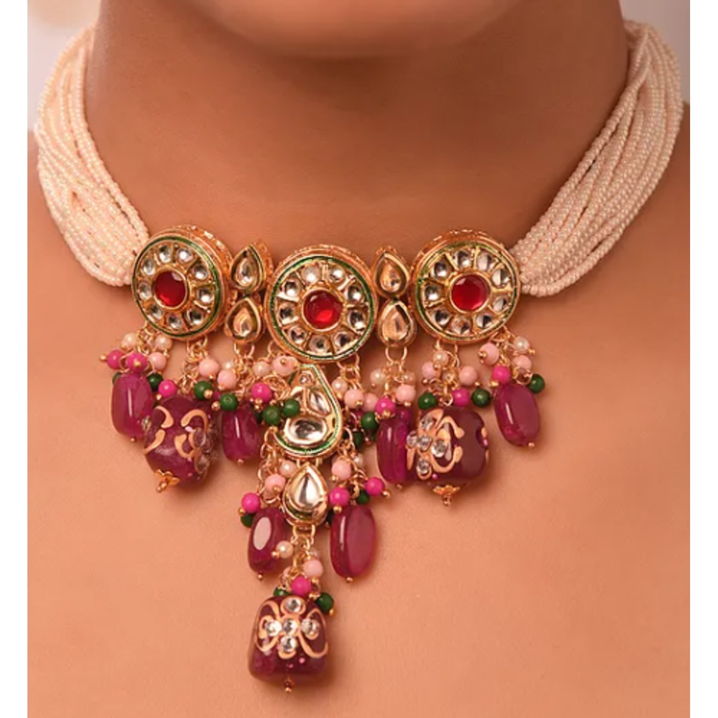 Maroon Gold Tone Kundan Necklace Set With Earring