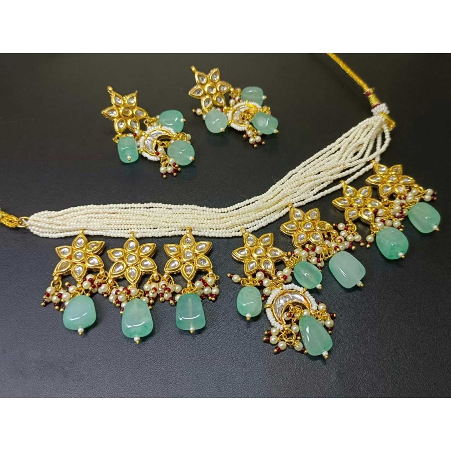 Gold Tone Kundan Necklace Set With Earring Sky Blue Onyx Stone