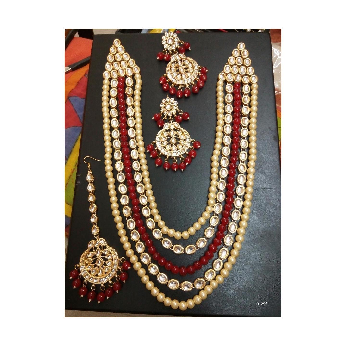 Kundan Long Necklace Set With Earring, Tikka Ruby Red Onyx Pearl