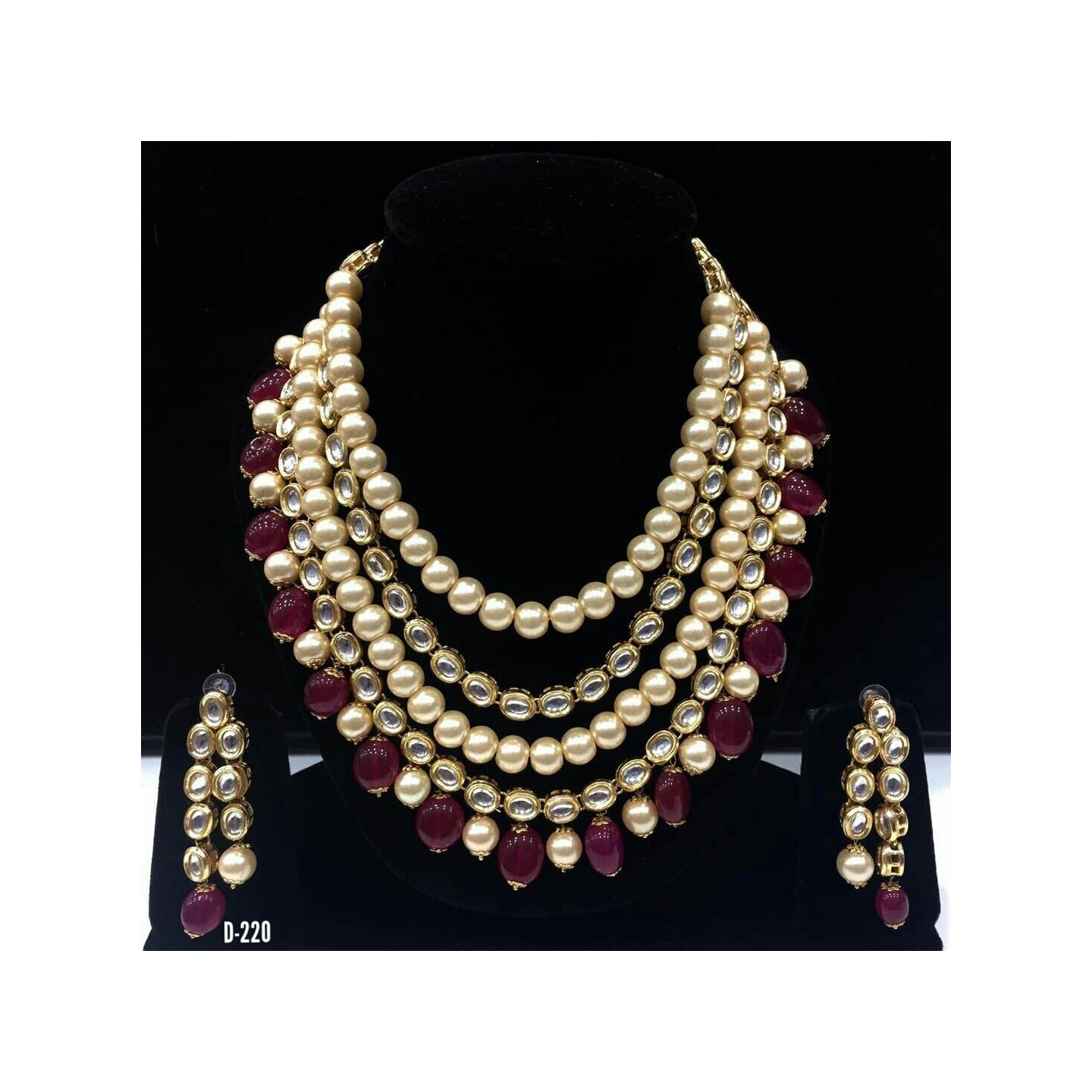 Kundan Multi Layer Necklace Set With Earring Maroon Onyx Pearl