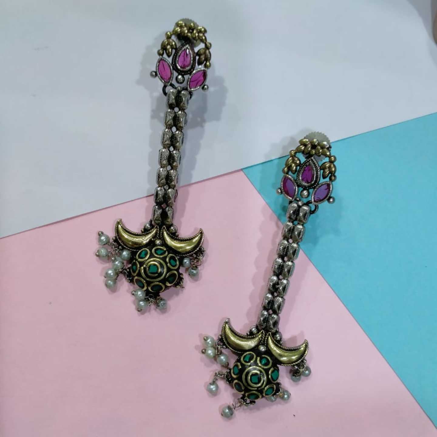 Purple Tribal Silver Earring White Pearls