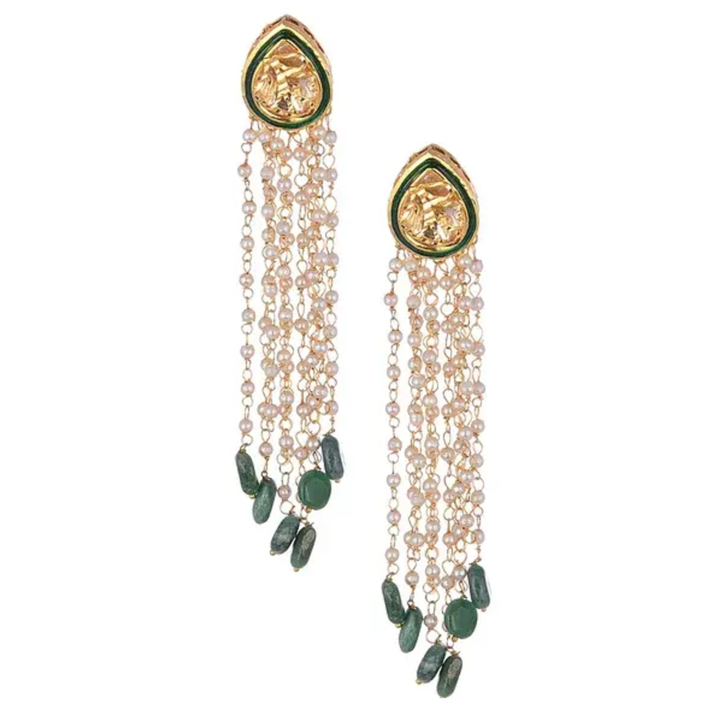 Green Gold Tone Pearl Beaded Kundan Earrings