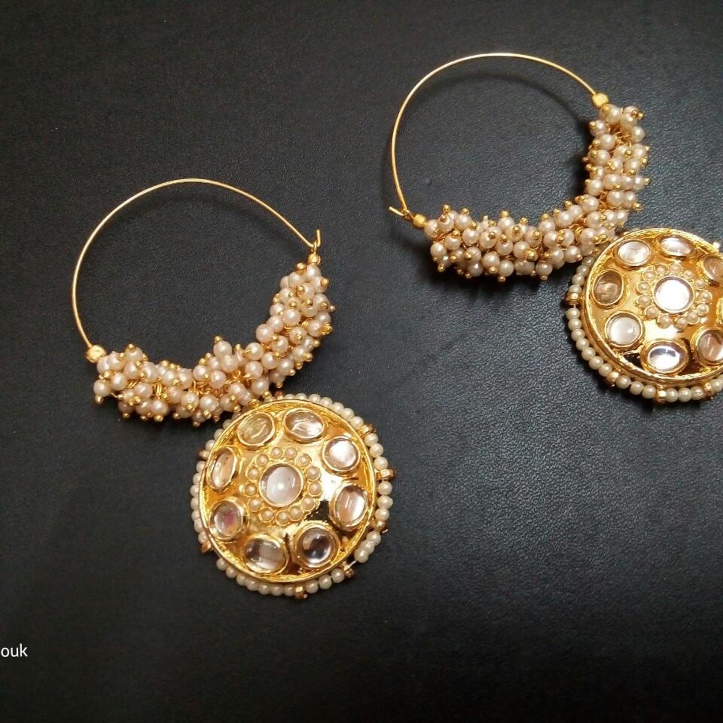 Gold Tone Kundan Bali White Onyx Pearls