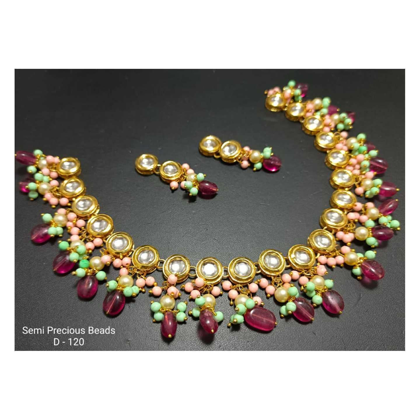 Multicolored Pearls  Gold Tone Kundan Necklace Set With Earring Purple Onyx Stone
