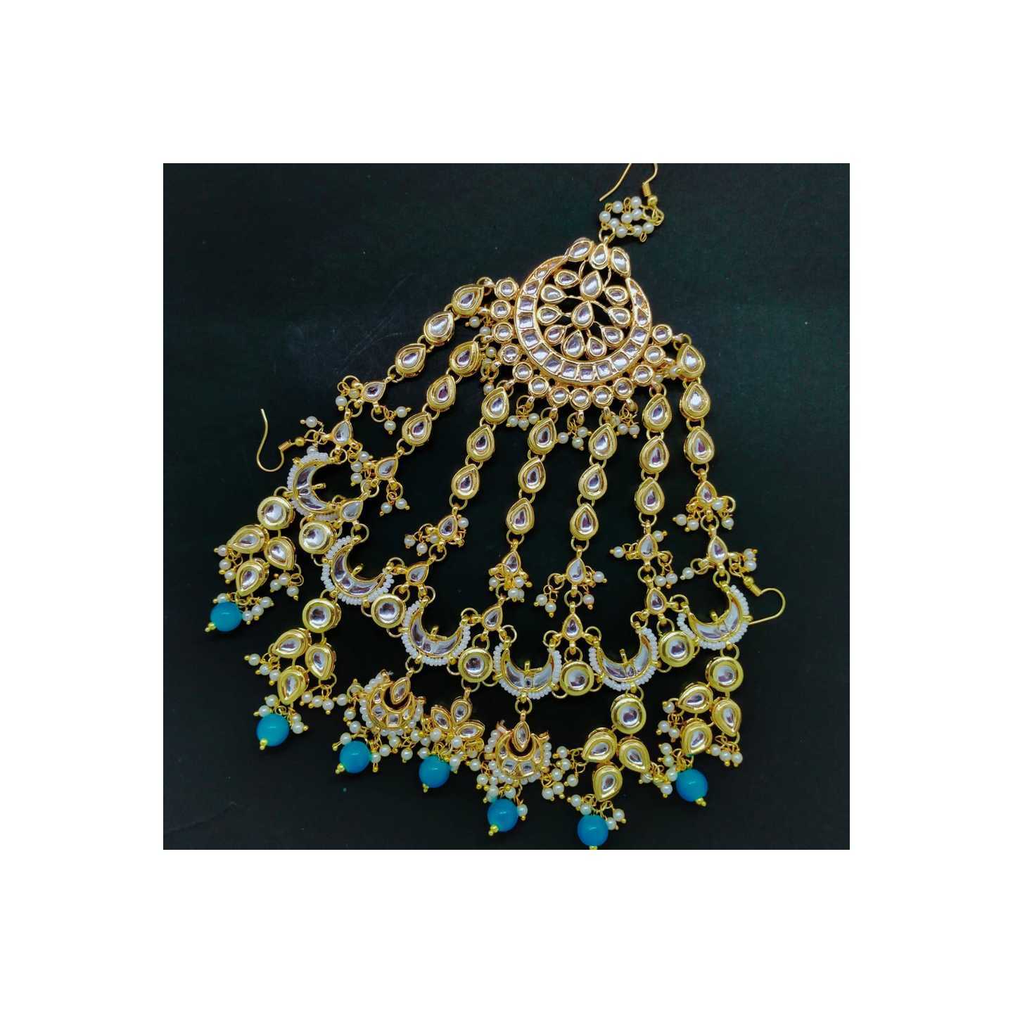 Gold Tone Kundan Jhumar Passa White Sky Blue Pearls