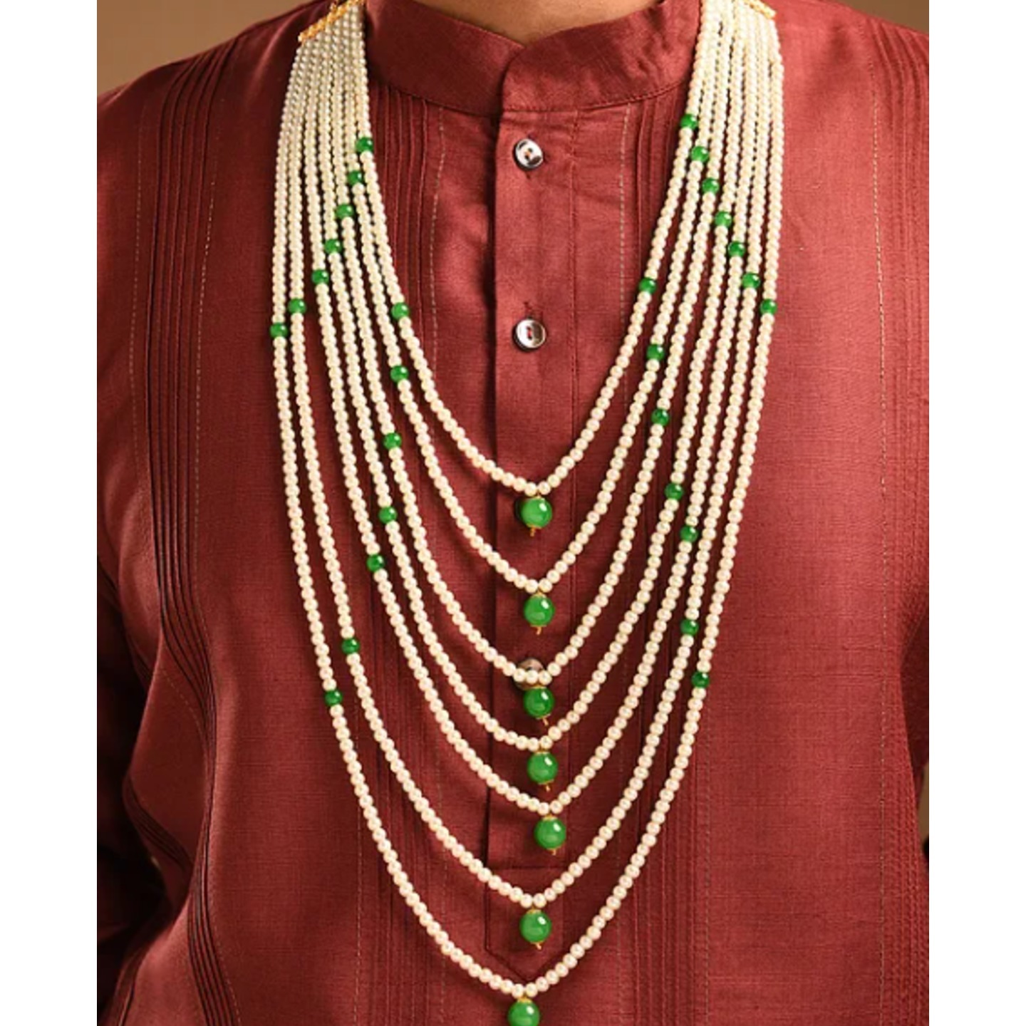 Green White Beaded Layered Necklace Onyx Perals For Men