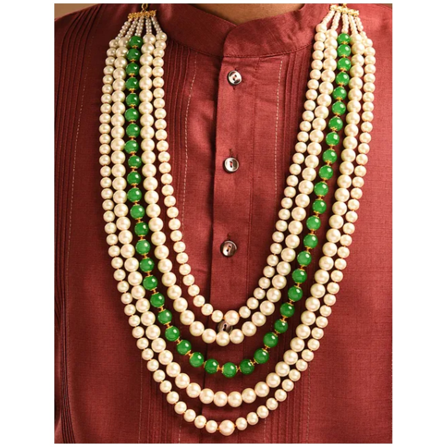 Green White Layered Necklace For Men
