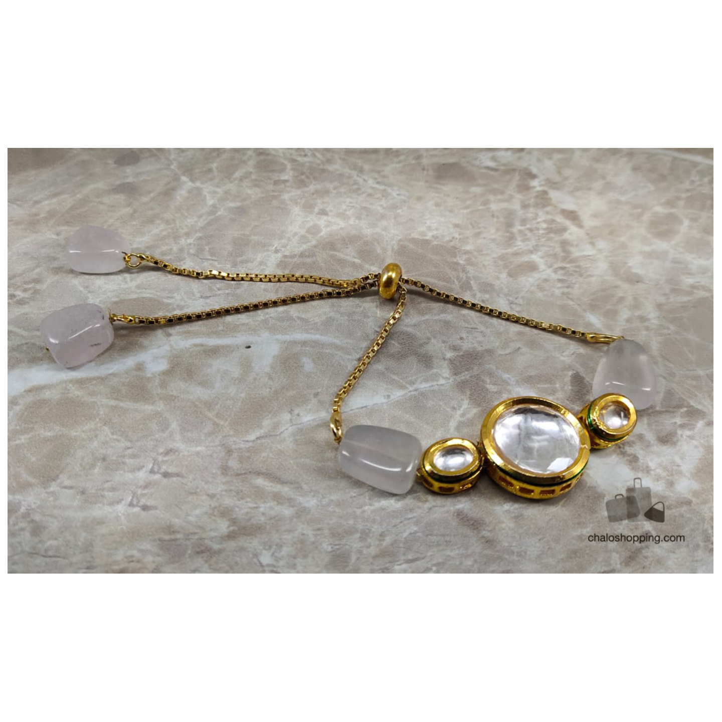Onyx Stone Kundan Chain Bracelet - Greyish White