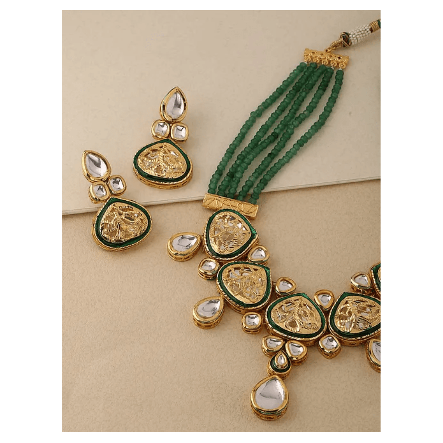 Green Gold Tone Kundan Beaded Necklace With Earring