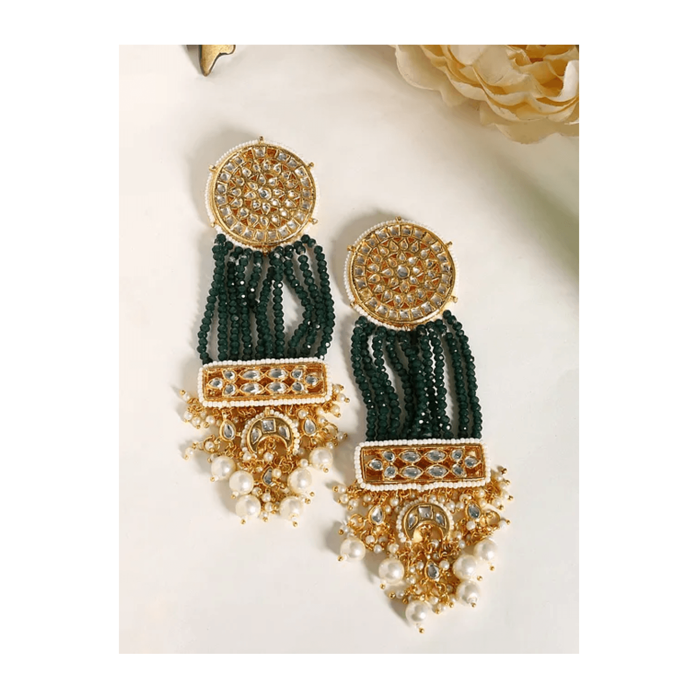 Green Gold Tone Kundan Beaded Earring With Pearl And Onyx