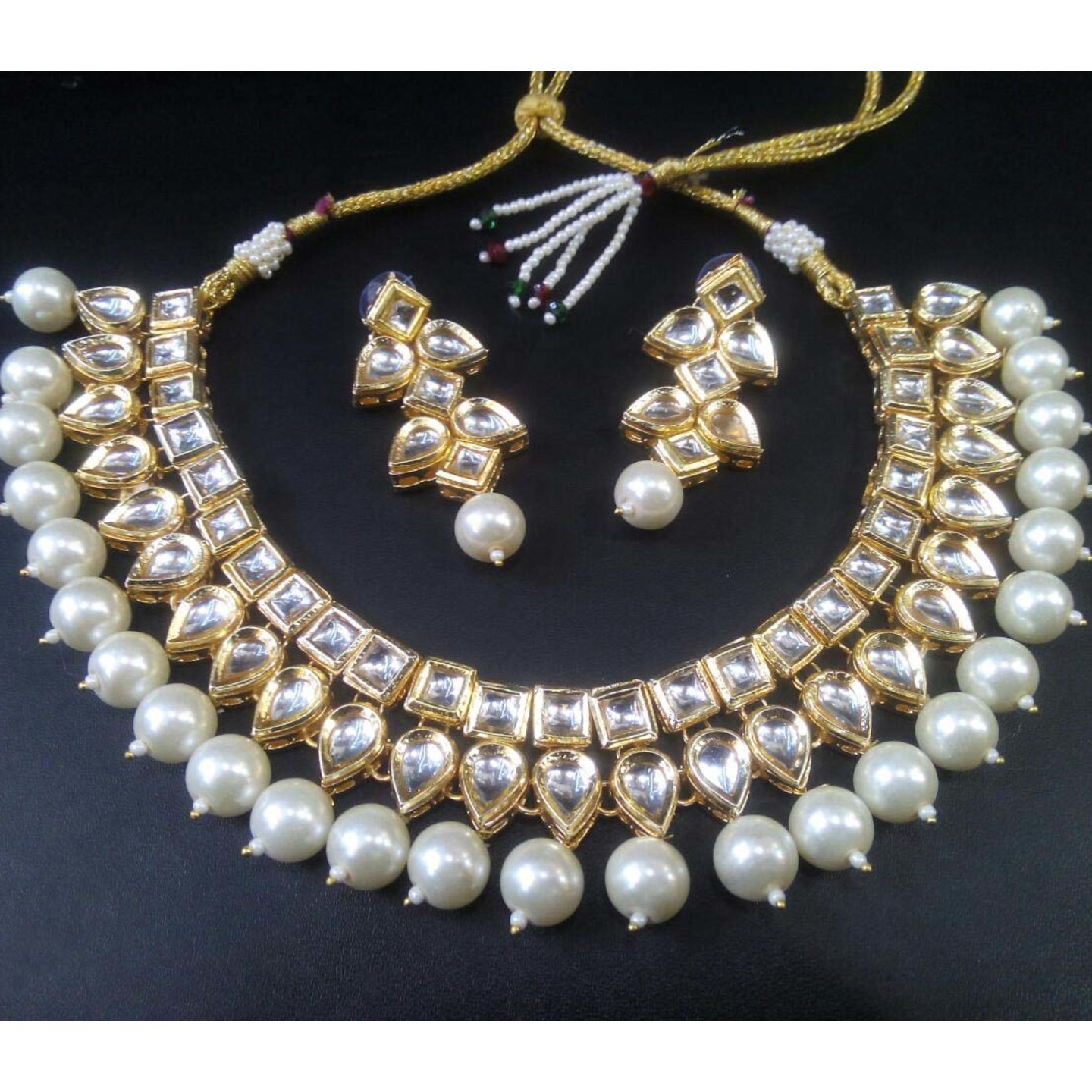 Gold Tone Kundan Necklace Set With Earring White Onyx Pearls