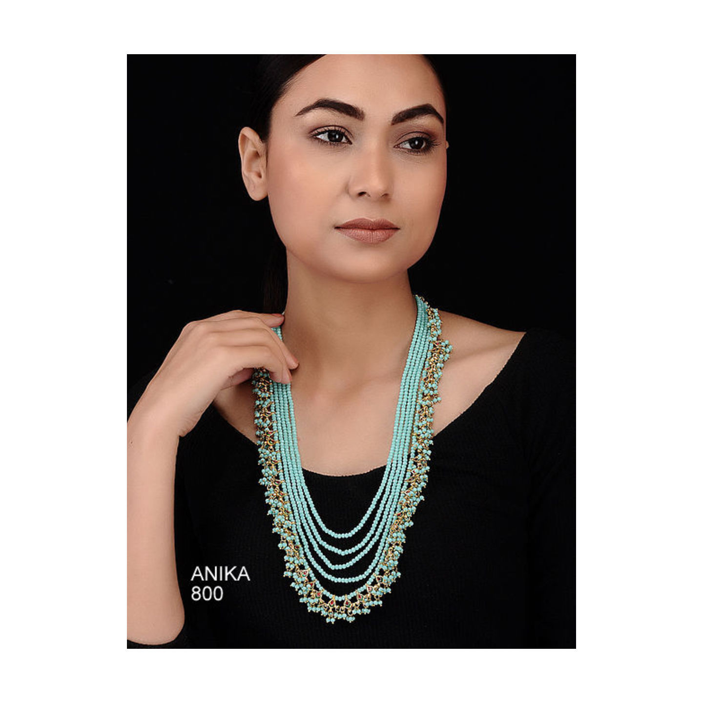 Kundan Long Necklace Set Sky Blue Onyx Pearl