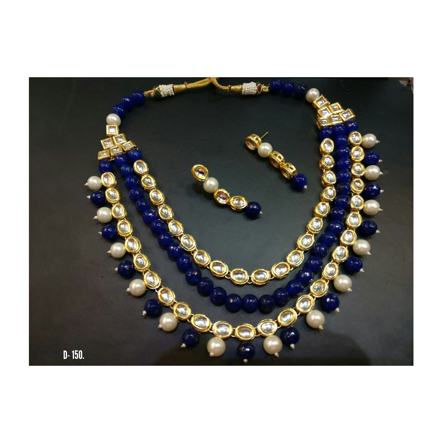 Kundan Triple Layer  Necklace Set With Earring Blue Onyx Pearl
