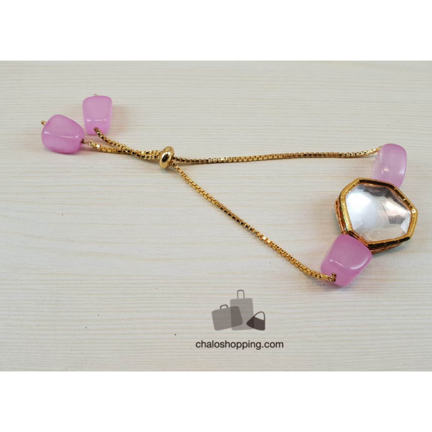 Onyx Stone Kundan Chain Bracelet - Pink Onyx