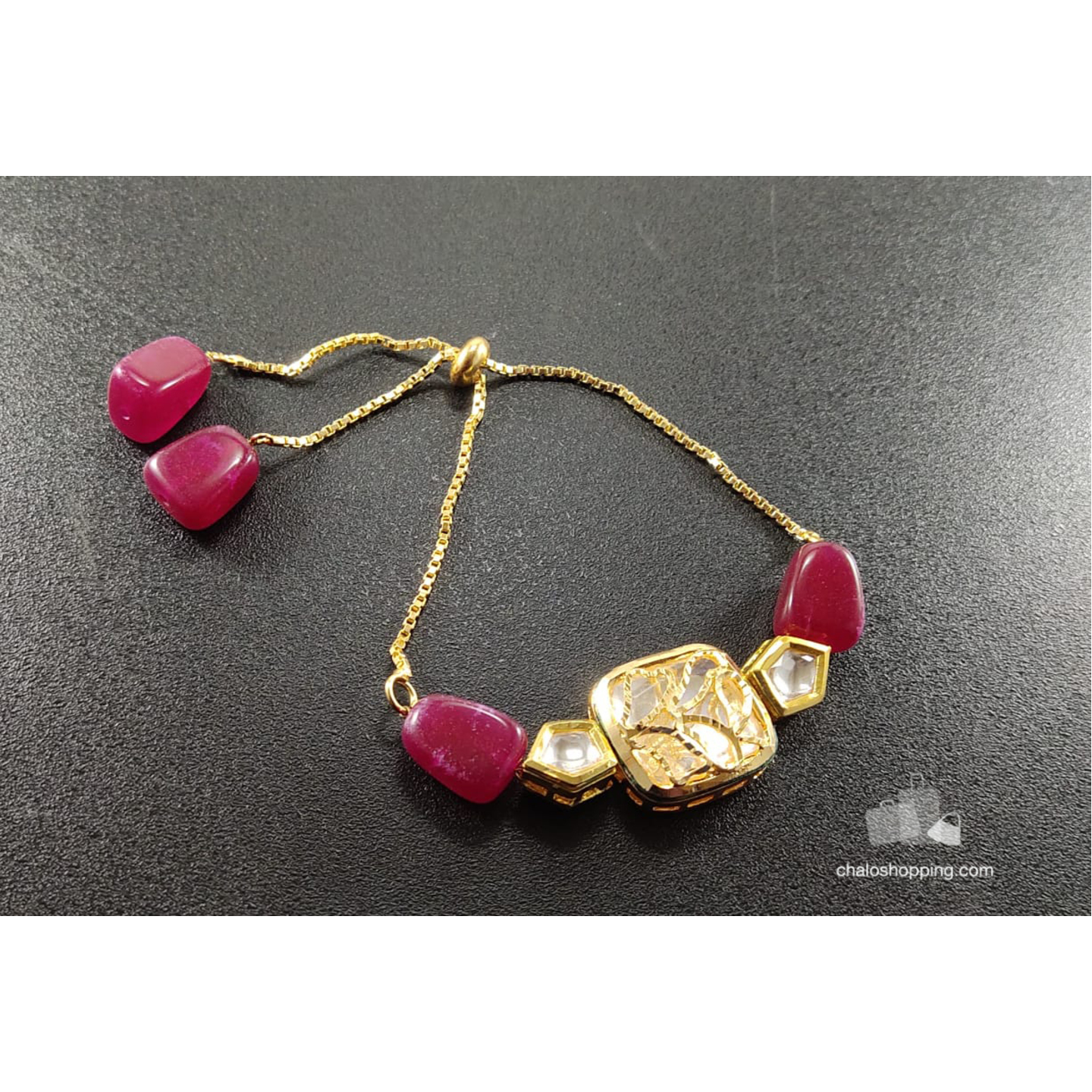 Onyx Stone Kundan Chain Bracelet - Fuscia