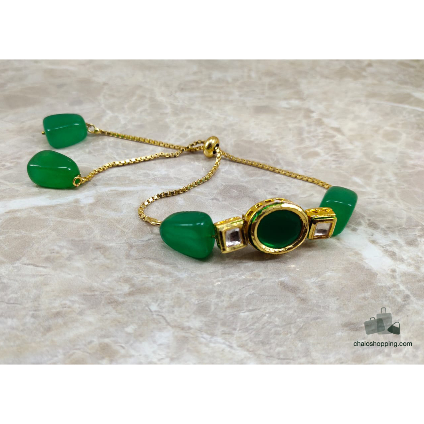 Onyx Stone Kundan Chain Bracelet - Green