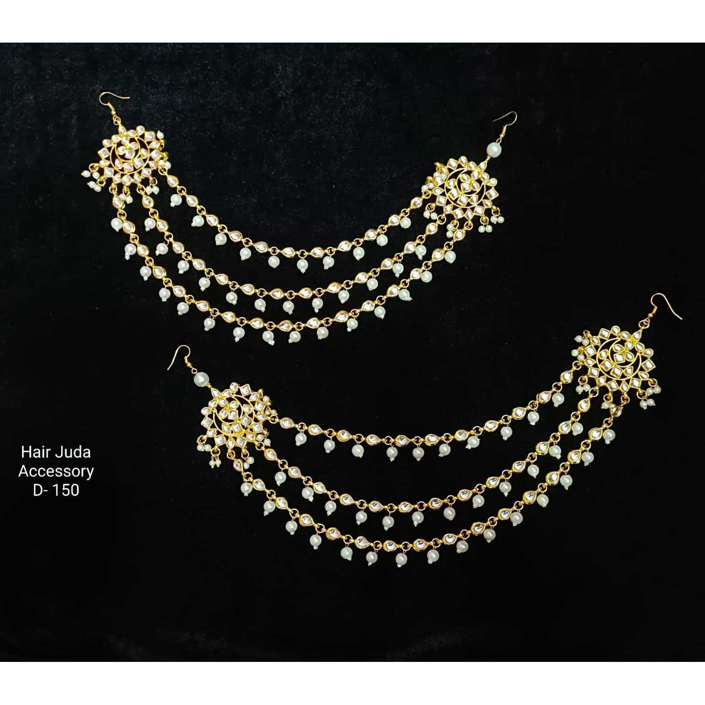 Gold Tone Kundan Hair Accessory Onyx Pearls