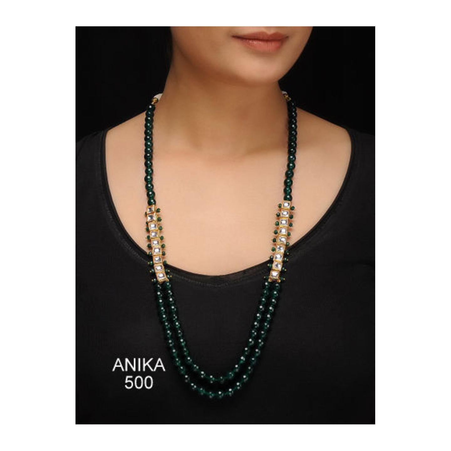 Double Layer Kundan Necklace Green Onyx Pearl