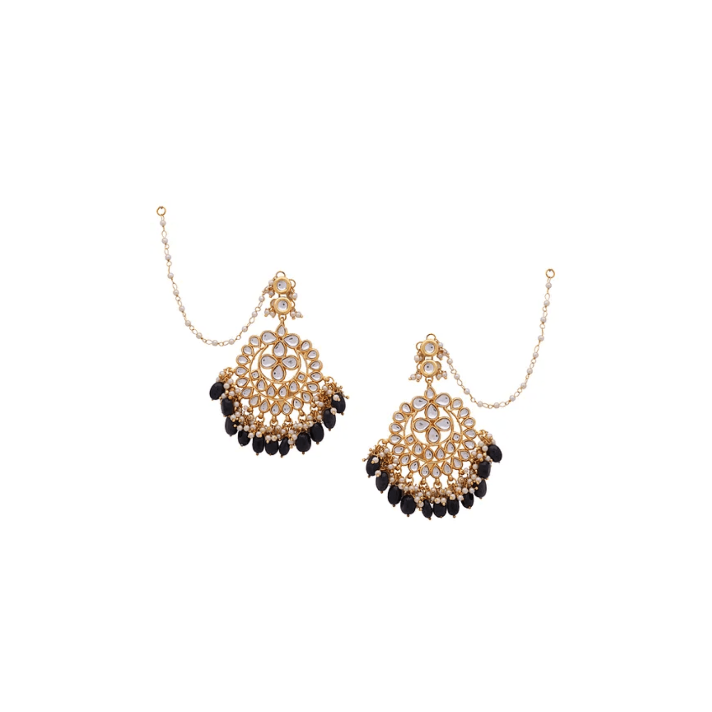 Blue Gold Tone Kundan Earring With Ear Chains