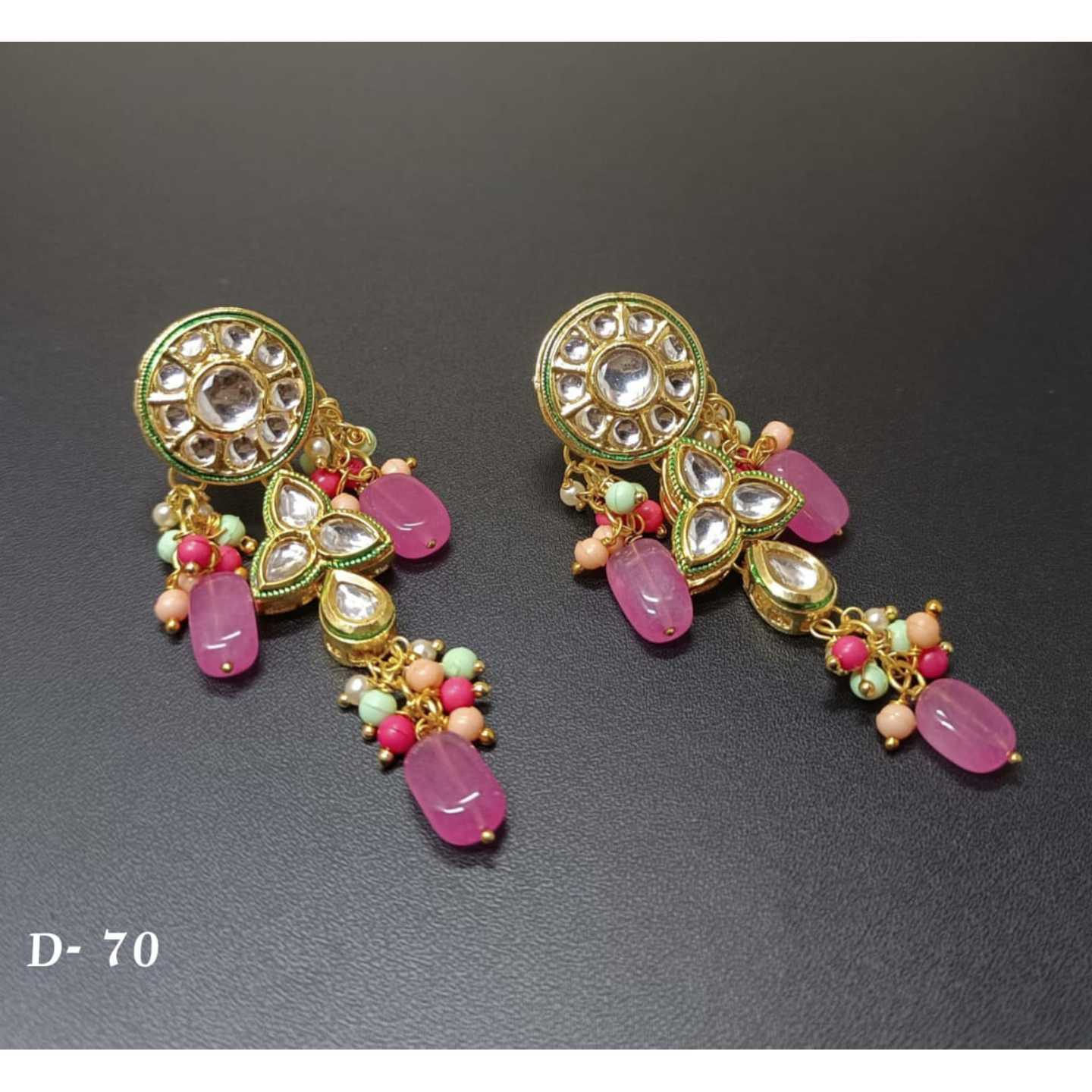 Pink Gold Tone Kundan Earring Onyx Stone