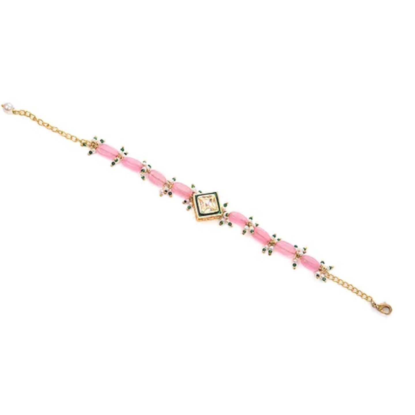 Pink Gold Tone Kundan Beaded Bracelet