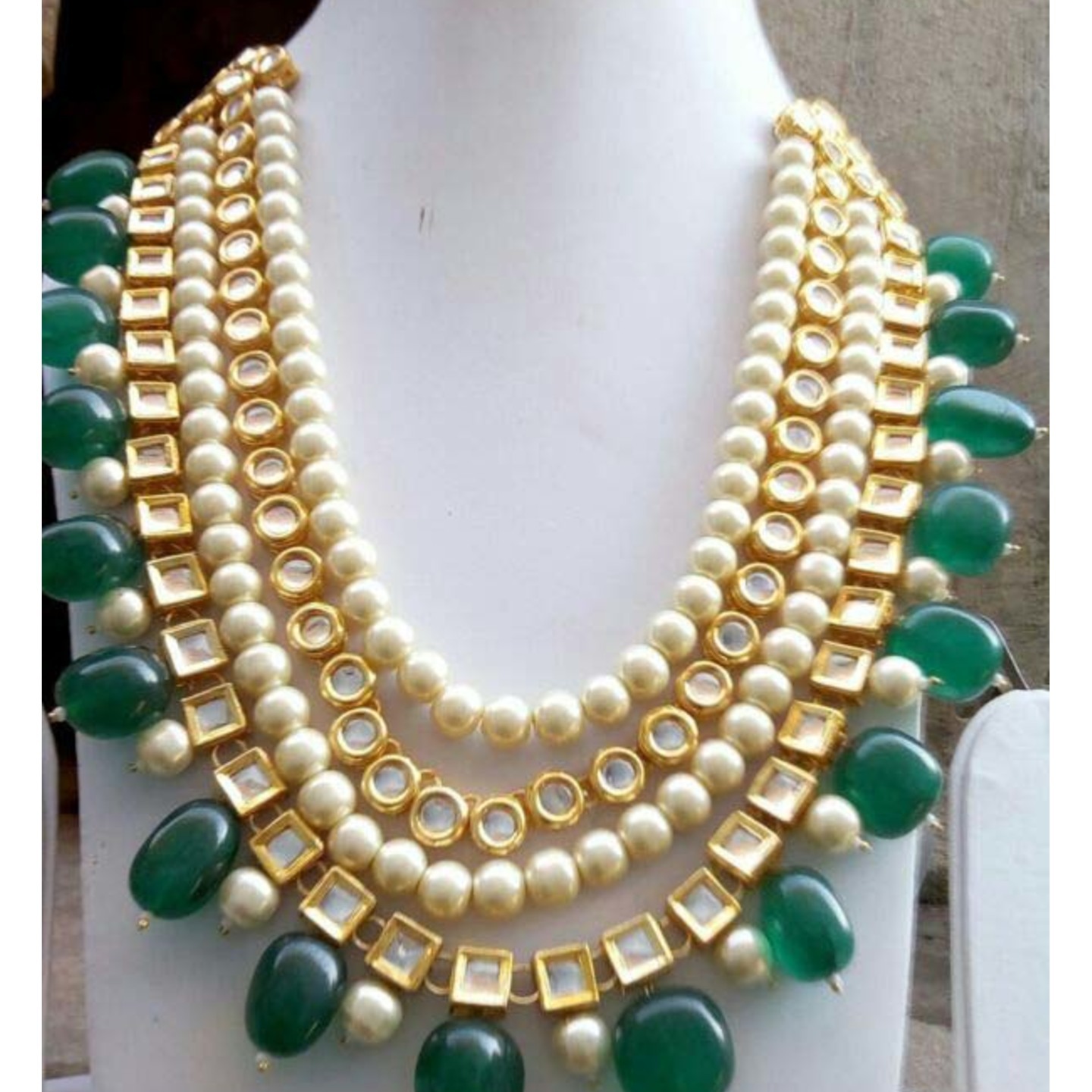 Green Gold Tone Kundan Necklace Set With Earring