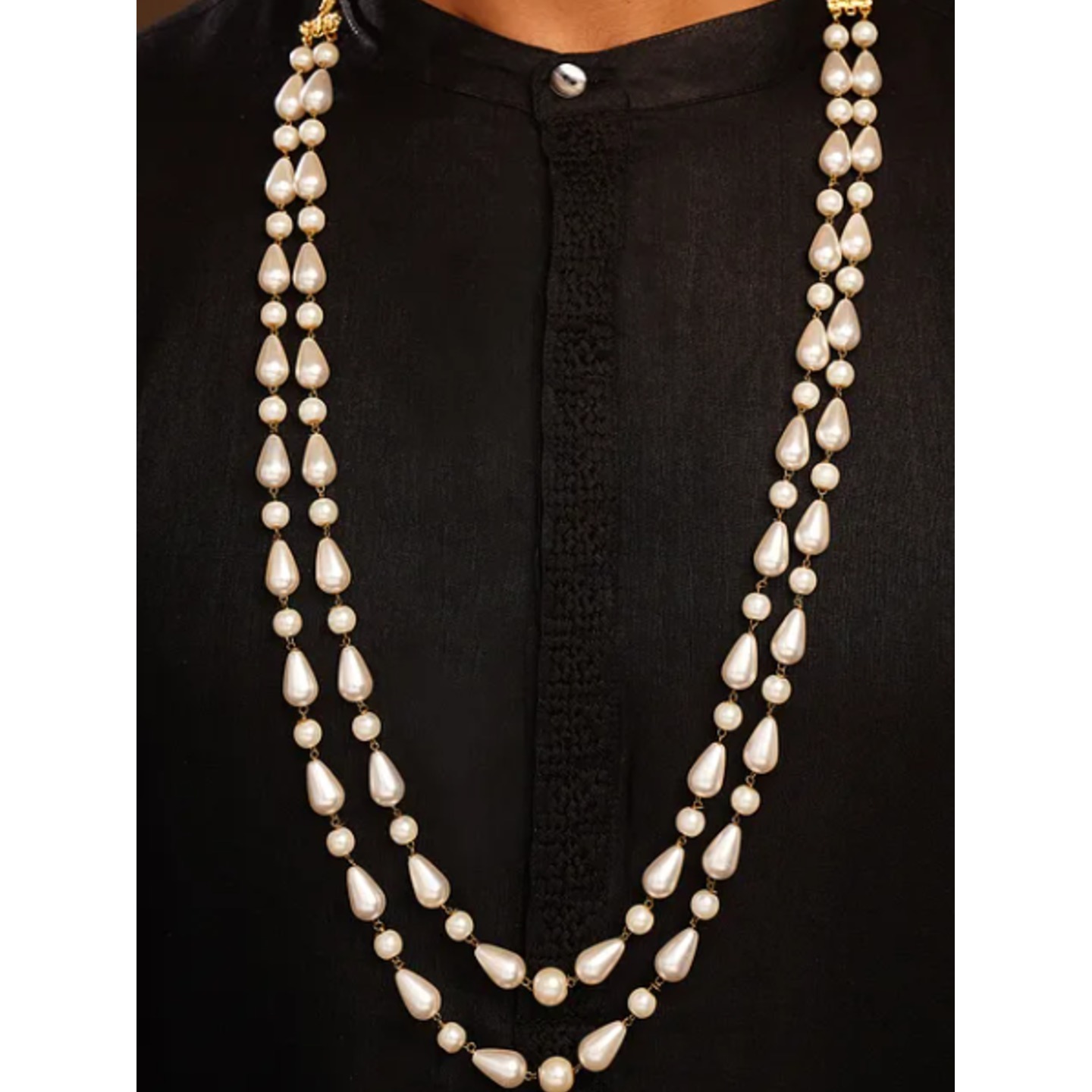 White Beaded Double Layer Necklace With Pearls For Men