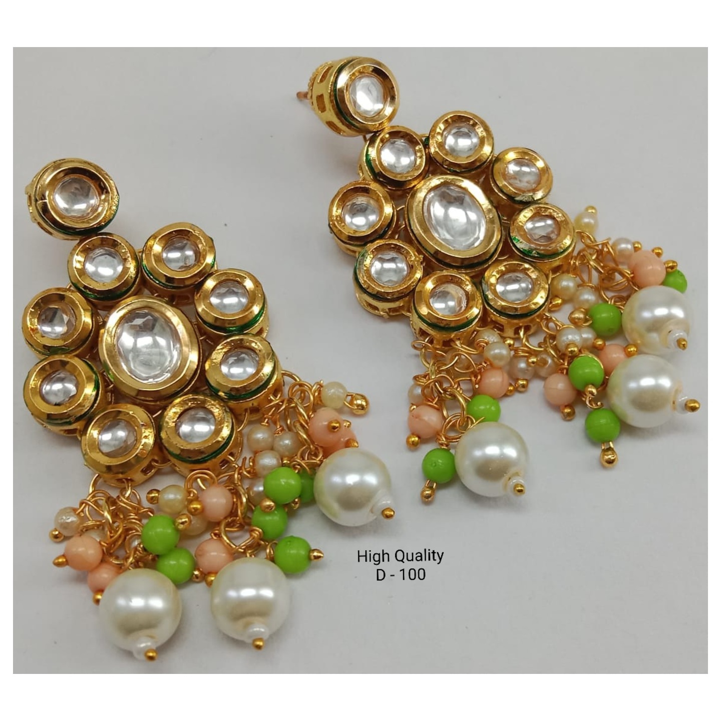 Gold Tone Kundan Earring Onyx Pearls