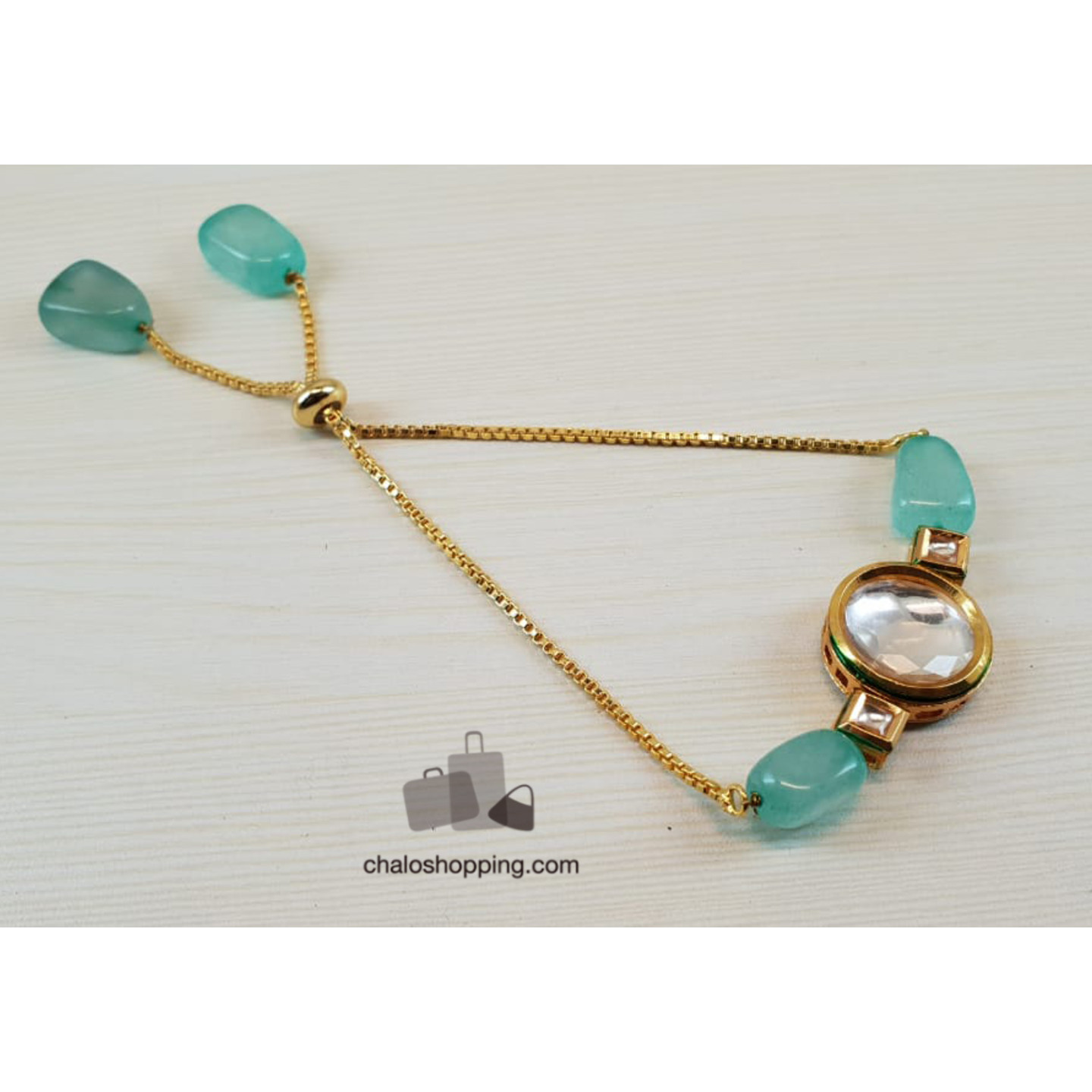 Onyx Stone Kundan Chain Bracelet - Sea Green