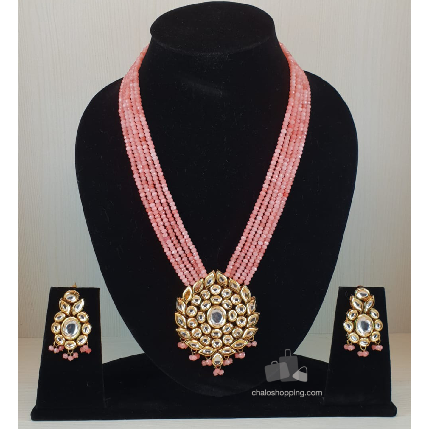 Pink Onyx Neckline Kundan Inspired Necklace Set 