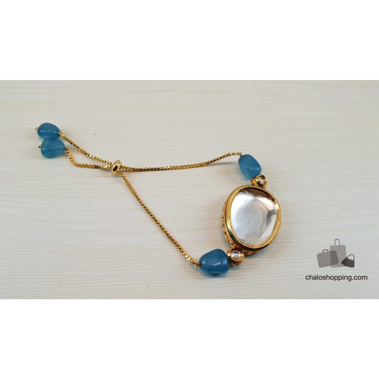 Onyx Stone Kundan Chain Bracelet - Blue