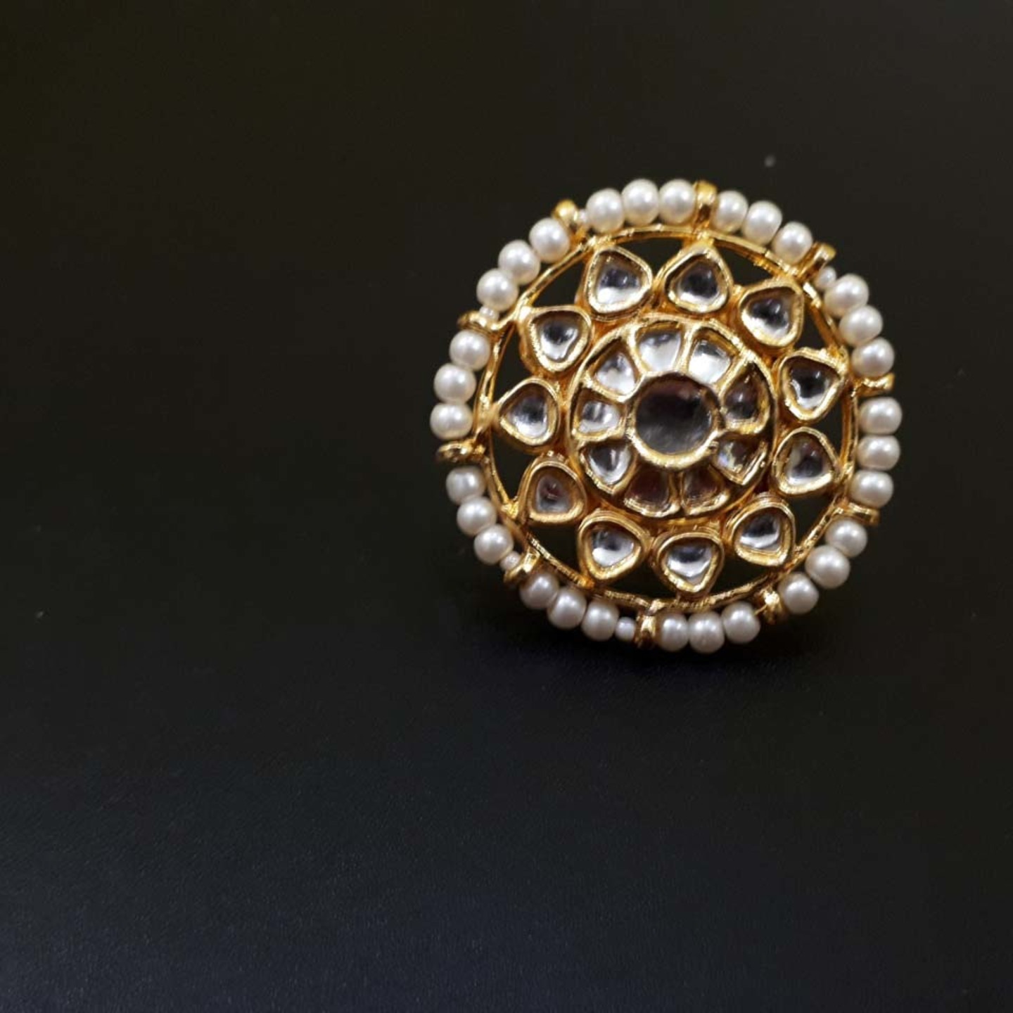 White Gold Tone Kundan Ring Onyx Pearls