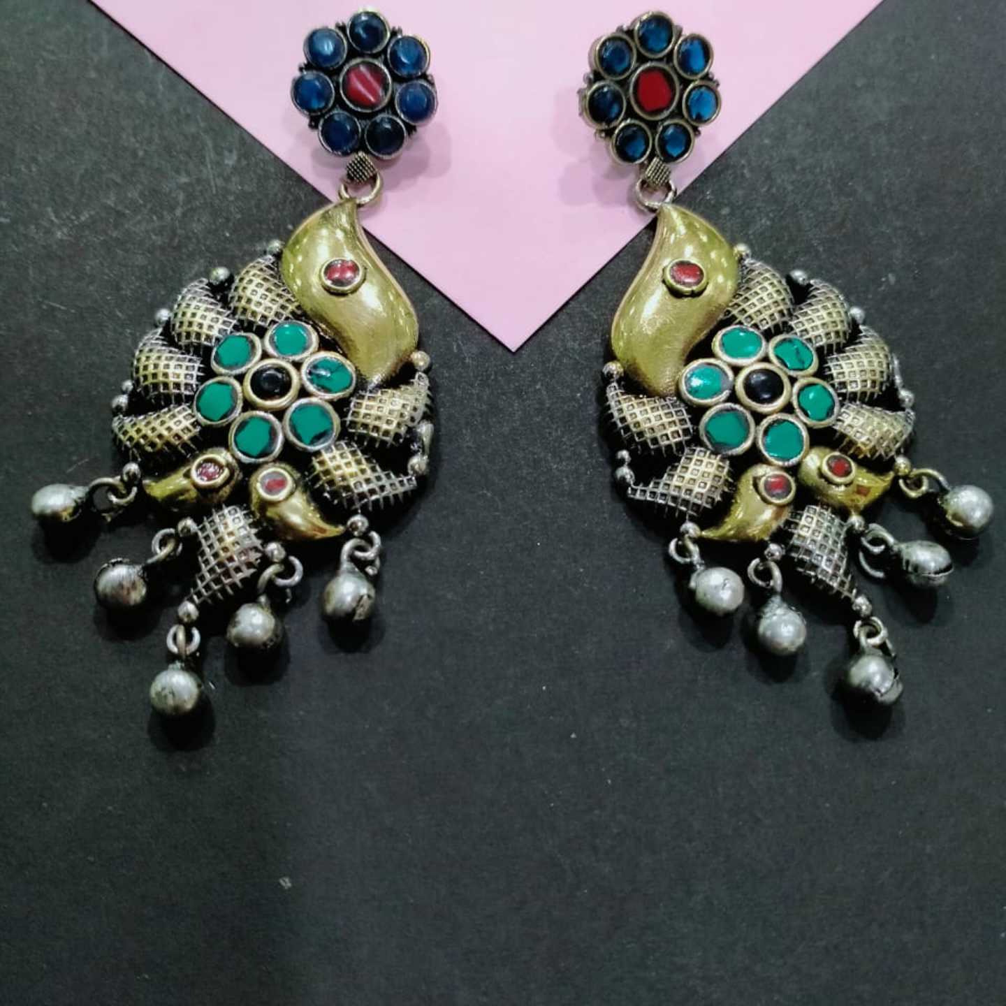 Tribal Silver Earring With Pearls , Stone And Turquoise
