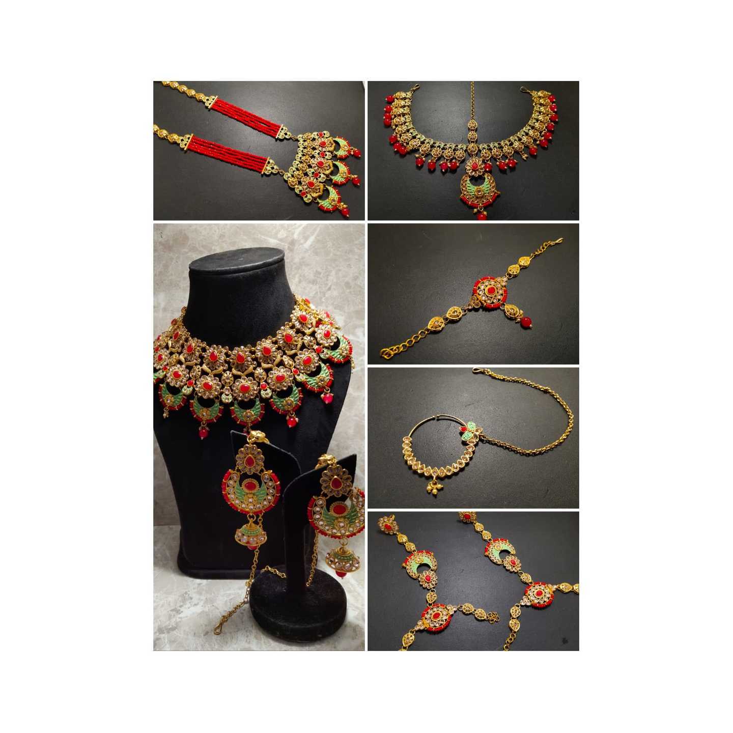 High Quality Kundan Polki Full Bridal Set with Ruby Red Onyx Stone