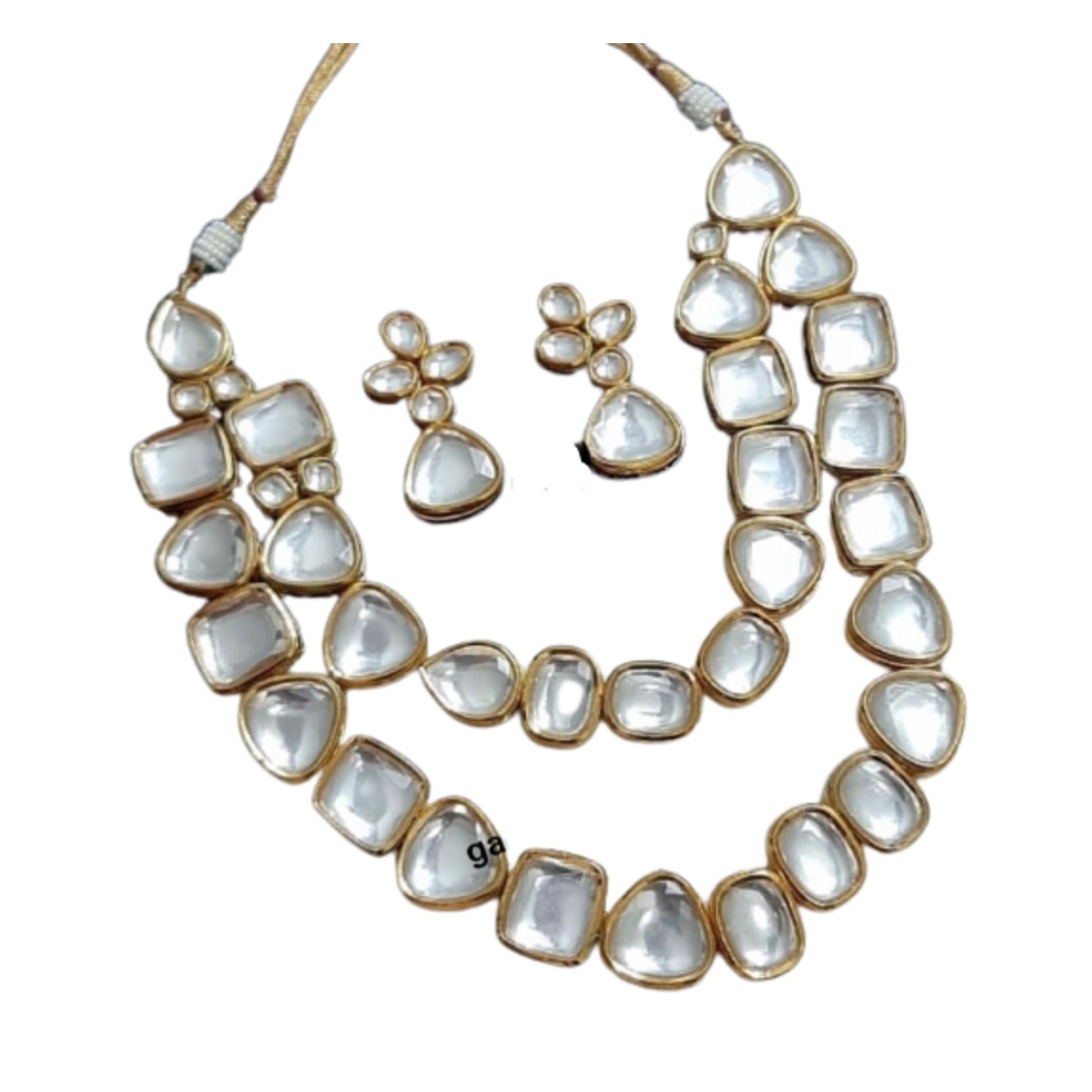 Gold Tone Kundan Double Layer Necklace Set With Earring