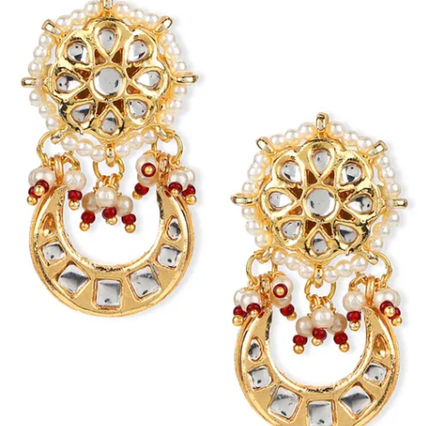 White Gold Tone Kundan Earrings with Pearls