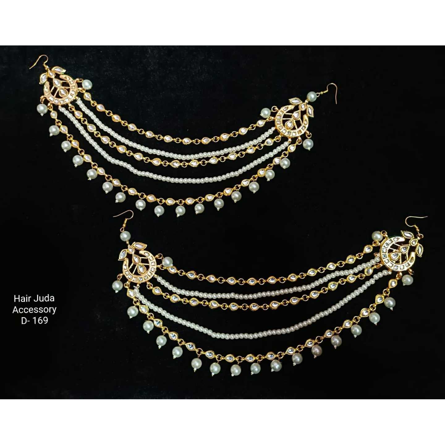 White Gold Tone Kundan Hair Accessory Onyx Pearls