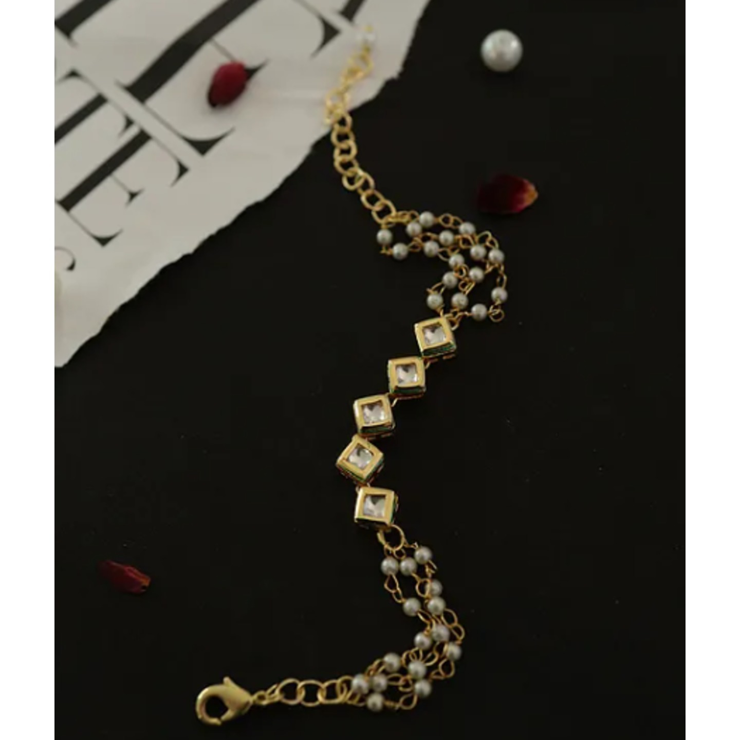White Gold Plated Kundan Bracelet With Pearls