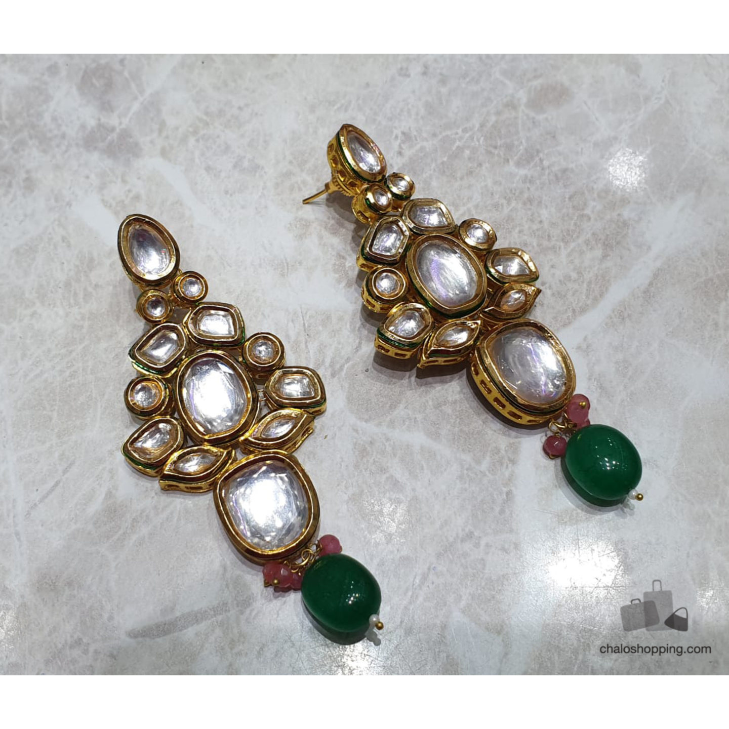 High Quality Kundan Green & Pink Onyx Earrings