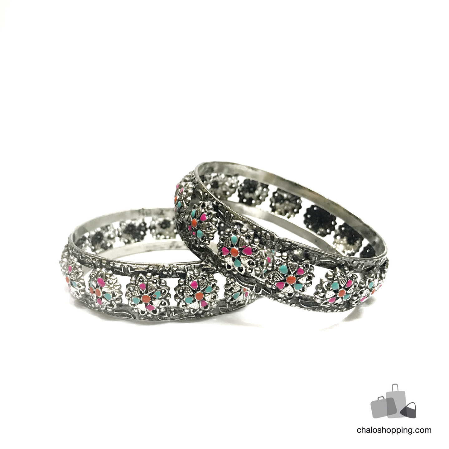 Multicolor Antique Tribal Silver Look-A-Like Bangle (Per Pair)