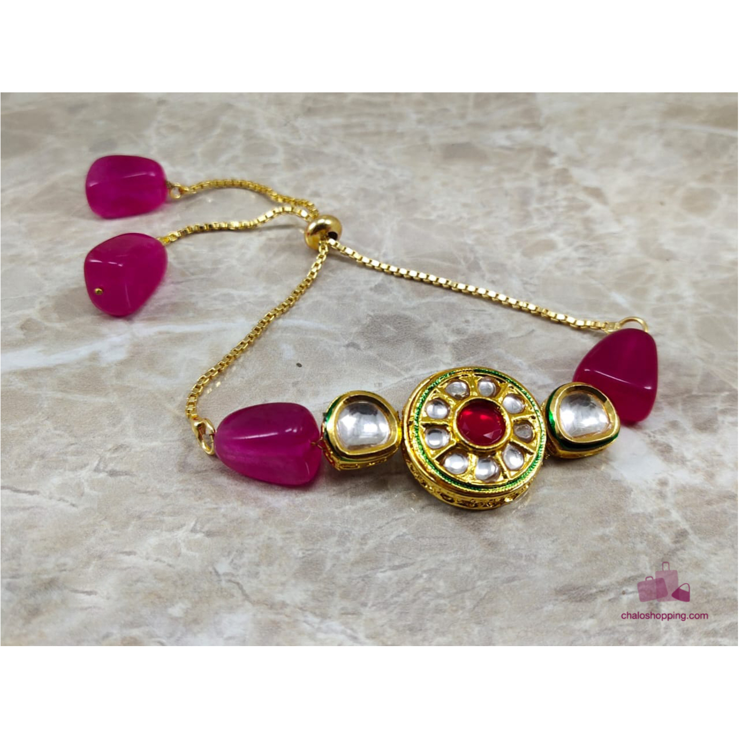 Onyx Stone Kundan Chain Bracelet - Red