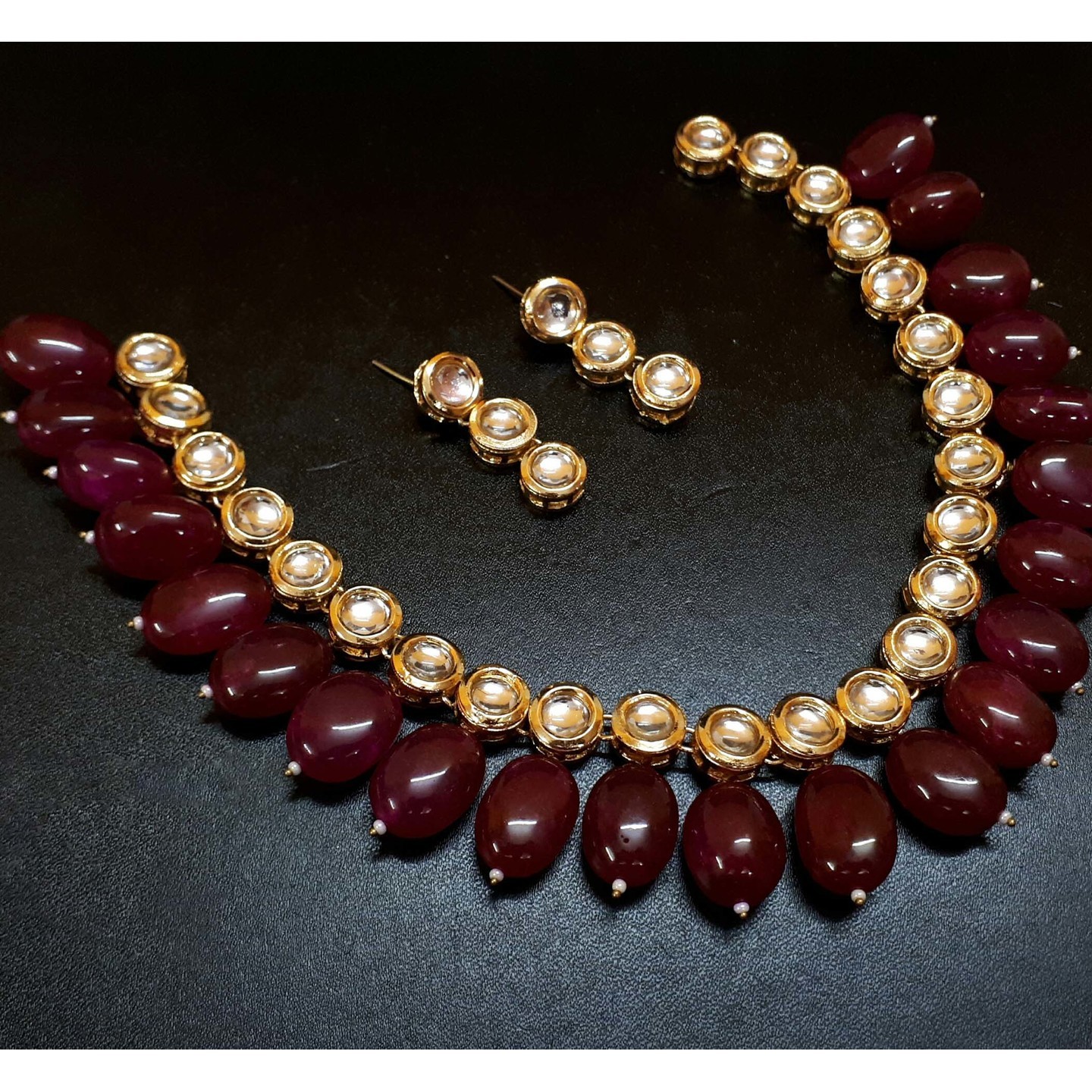 Ruby Maroon Gold Tone Kundan Necklace Set With Earring 