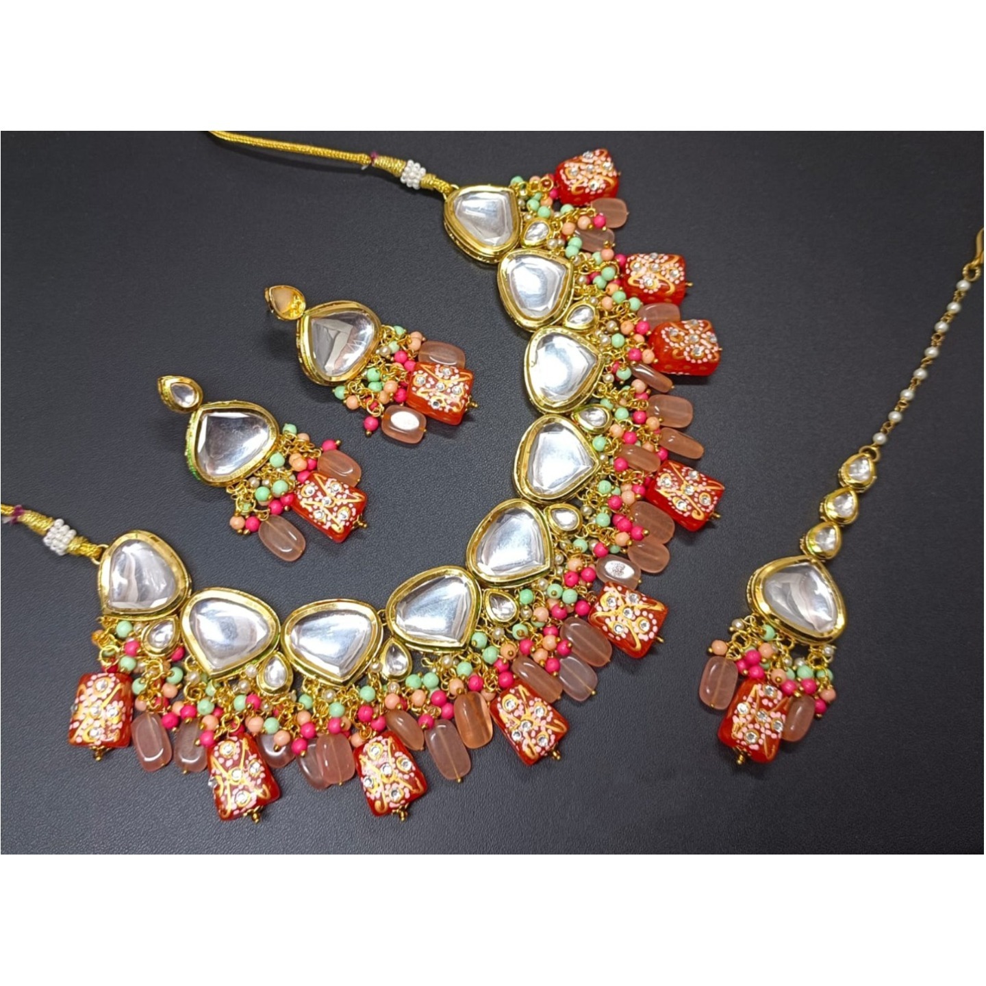 Gold Tone Kundan Necklace Set With Earring Onyx Stone