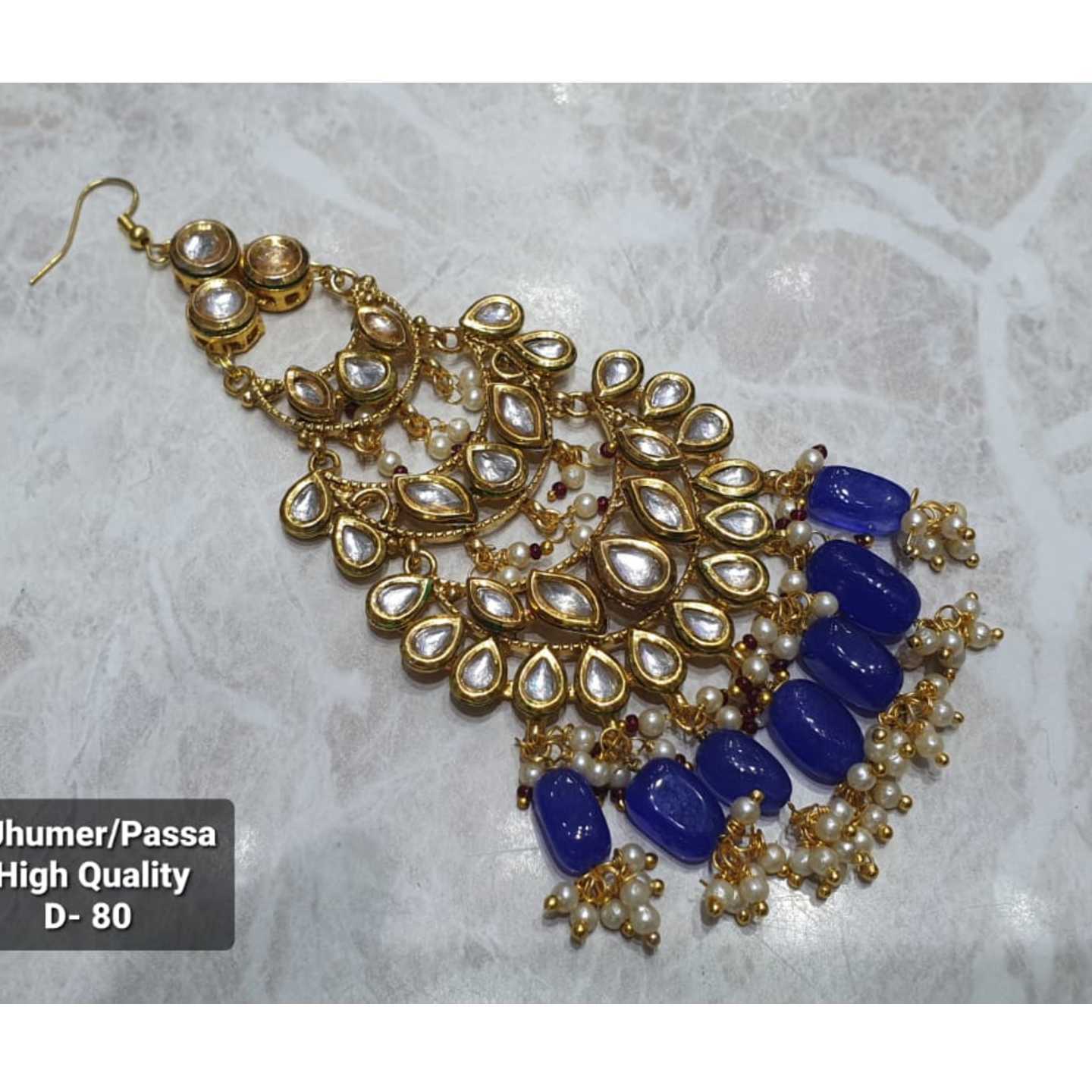 Blue Gold Tone Kundan Jhumar Passa 0nyx Stone Pearls
