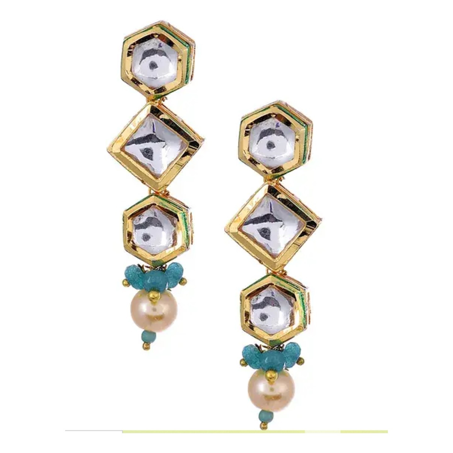 Gold Tone Kundan Earrings with Turquoise And Pearls