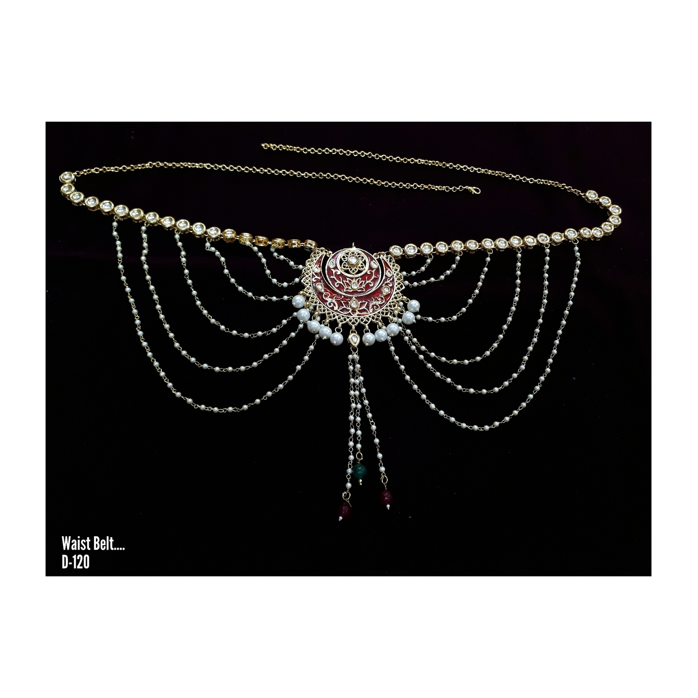 Gold Tone Kundan Waist Belt With White Pearls