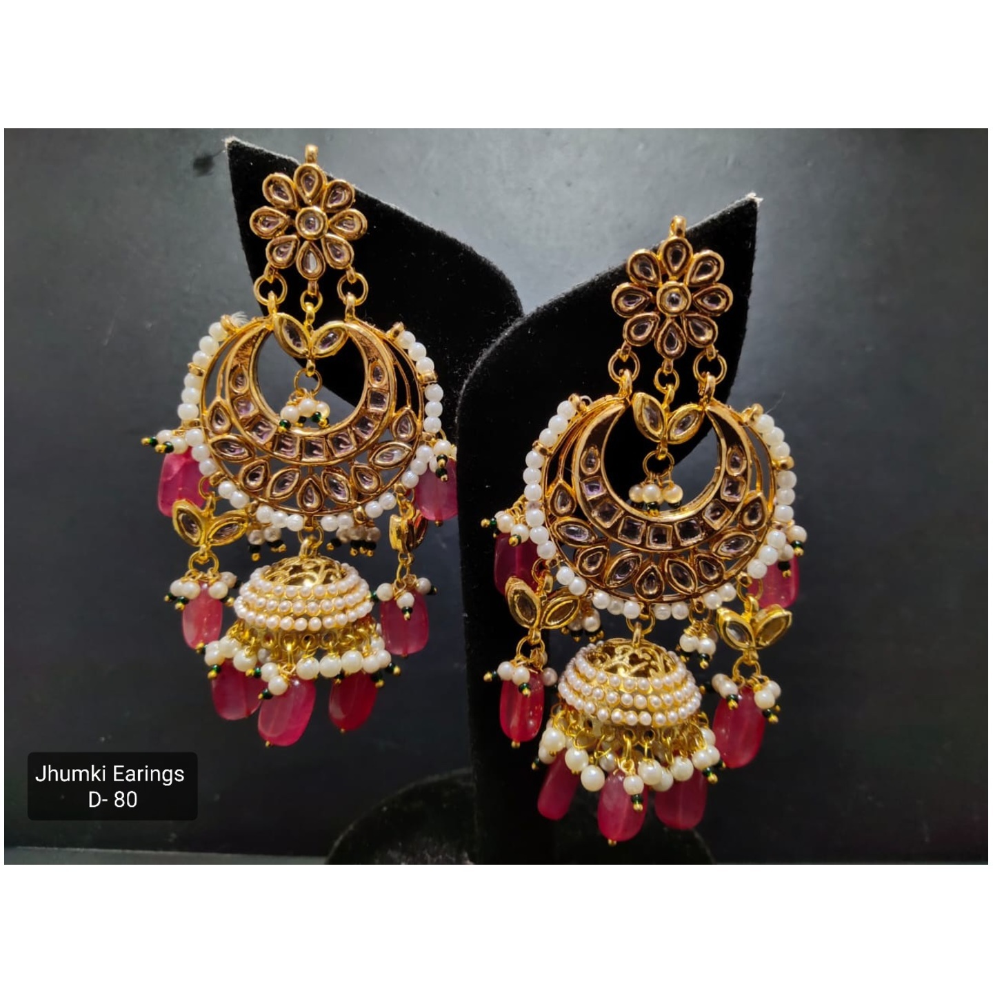 Pink Onyx Kundan Pearl Jhumki Baali